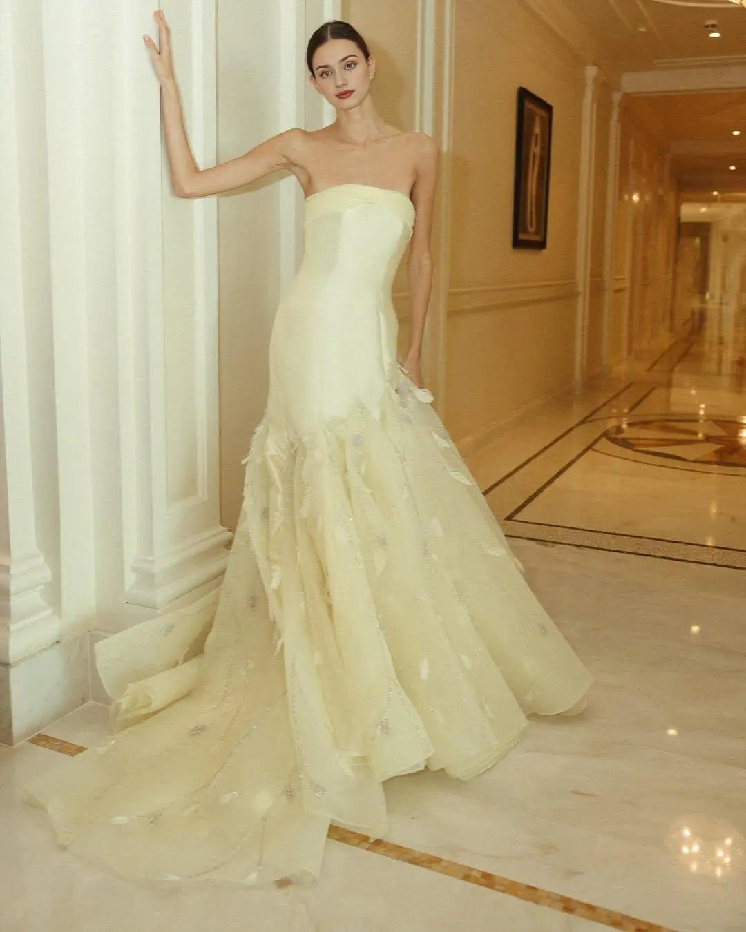 Weitese Dress Amazing Satin Light Daffodil Strapless Sleeveless Maxi Dress Party Dress With Embroidery Prom Dress